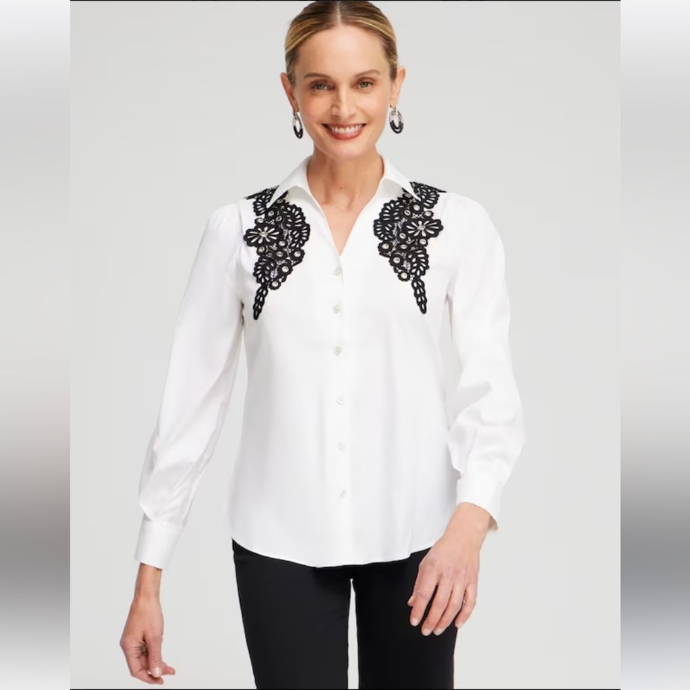 :: CHICO’S Poplin Black Lace on White Appliqué Blouse Dressy Shirt SOLD … - Picture 2 of 14